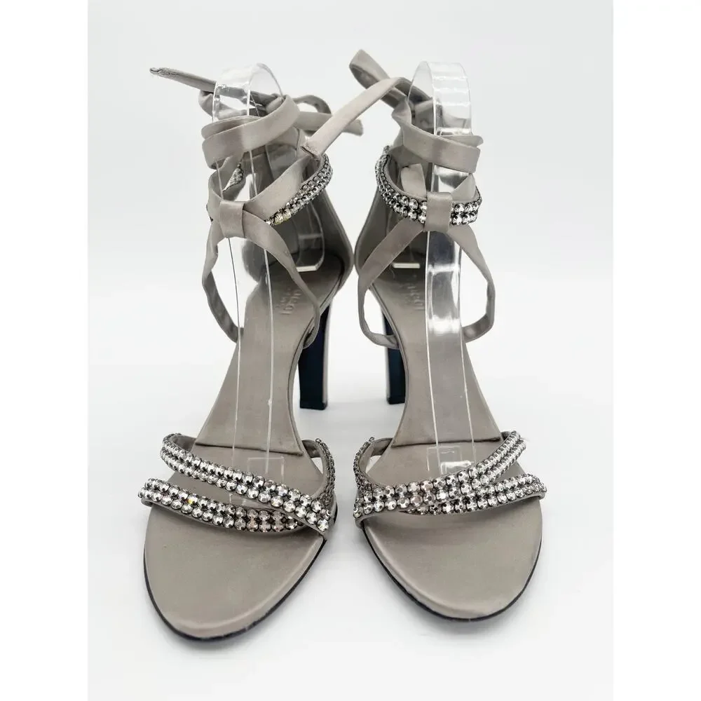 Gucci 2004 Tom Ford Silver Silk Crystal Strap Ankle Wrap Tie Heels Sandals US 8